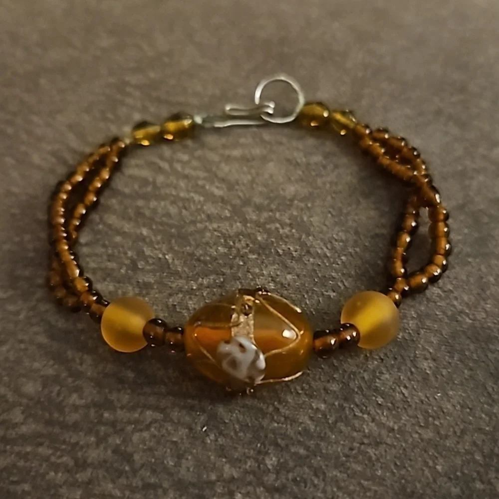 3/$30 HANDMADE Amber Glass Lampwork Focal Beaded Tennis Bracelet